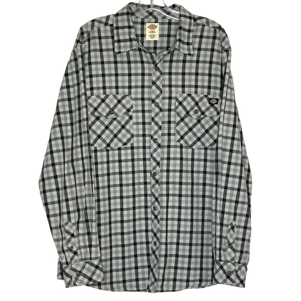 Dickies Men's Black and Gray Plaid Button Up Long Sleeve 2XL Shirt